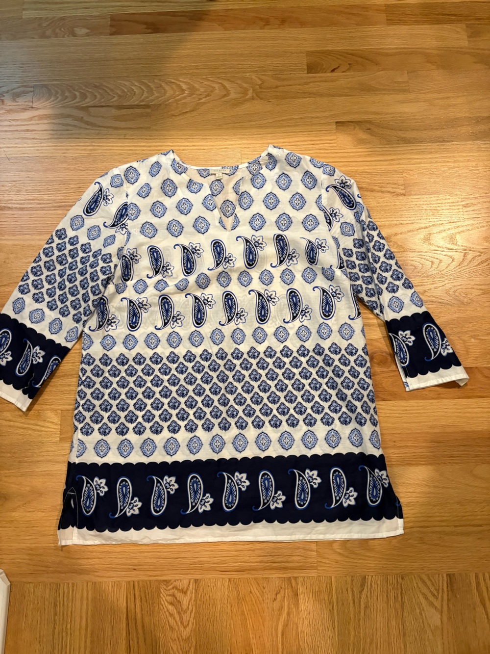 Talbots 100% Cotton White & Navy Paisley Printed Tunic Top Sz M